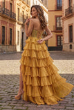 Gold - A Line Strapless Chiffon Beaded Corset Long Prom Dress With Slit