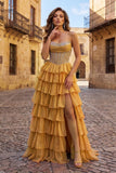 Gold - A Line Strapless Chiffon Beaded Corset Long Prom Dress With Slit