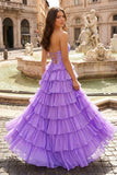 Orange A Line Strapless Chiffon Beaded Corset Long Prom Dress With Slit