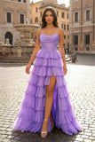 Orange A Line Strapless Chiffon Beaded Corset Long Prom Dress With Slit