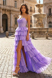Orange A Line Strapless Chiffon Beaded Corset Long Prom Dress With Slit