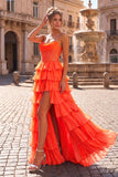Orange A Line Strapless Chiffon Beaded Corset Long Prom Dress With Slit