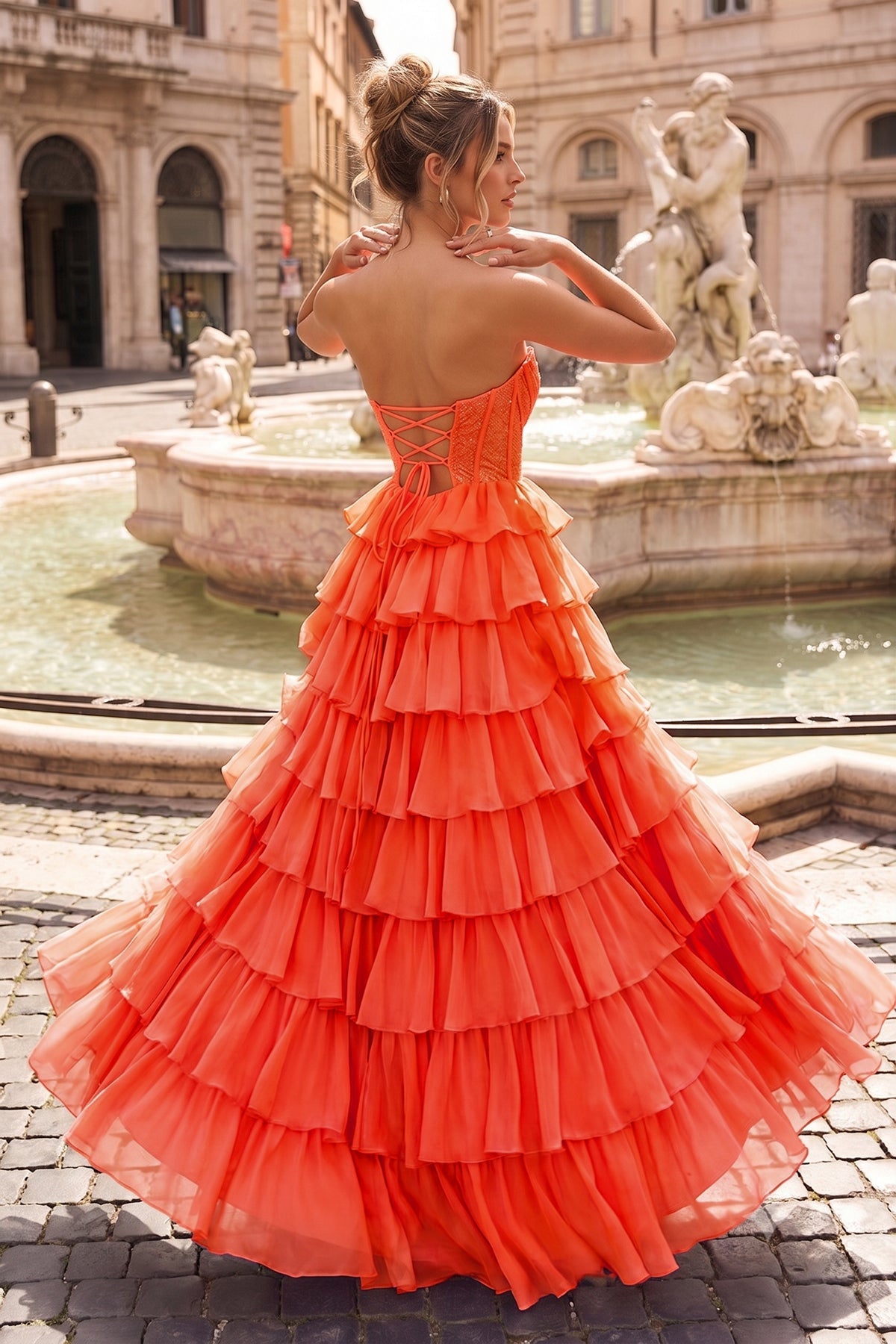 Orange A Line Strapless Chiffon Beaded Corset Long Prom Dress With Slit