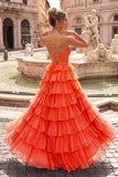 Orange A Line Strapless Chiffon Beaded Corset Long Prom Dress With Slit