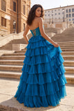 Peacock - A Line Strapless Chiffon Beaded Corset Long Prom Dress With Slit