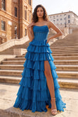Peacock - A Line Strapless Chiffon Beaded Corset Long Prom Dress With Slit