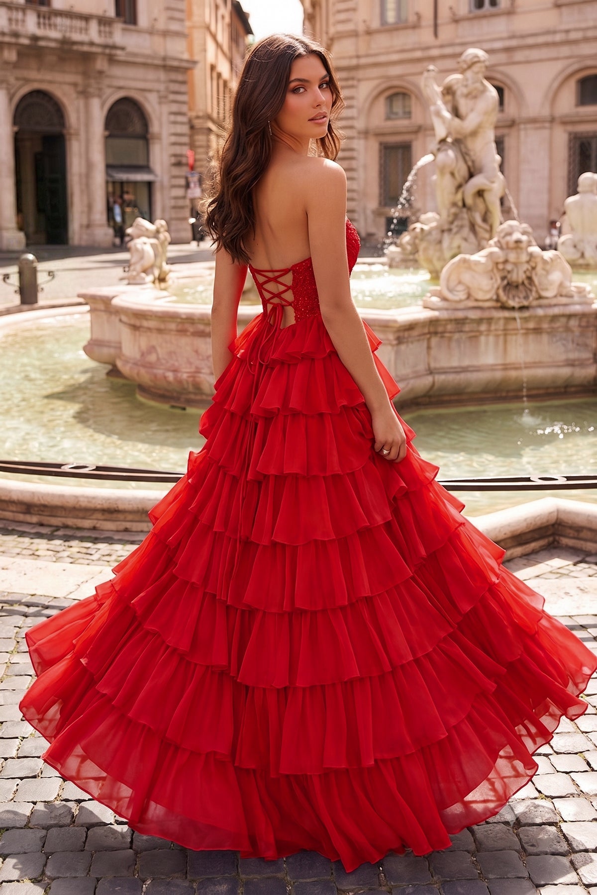 Red - A Line Strapless Chiffon Beaded Corset Long Prom Dress With Slit