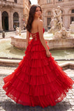 Red - A Line Strapless Chiffon Beaded Corset Long Prom Dress With Slit