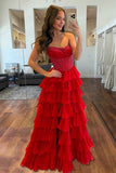 Orange A Line Strapless Chiffon Beaded Corset Long Prom Dress With Slit