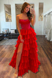 Orange A Line Strapless Chiffon Beaded Corset Long Prom Dress With Slit