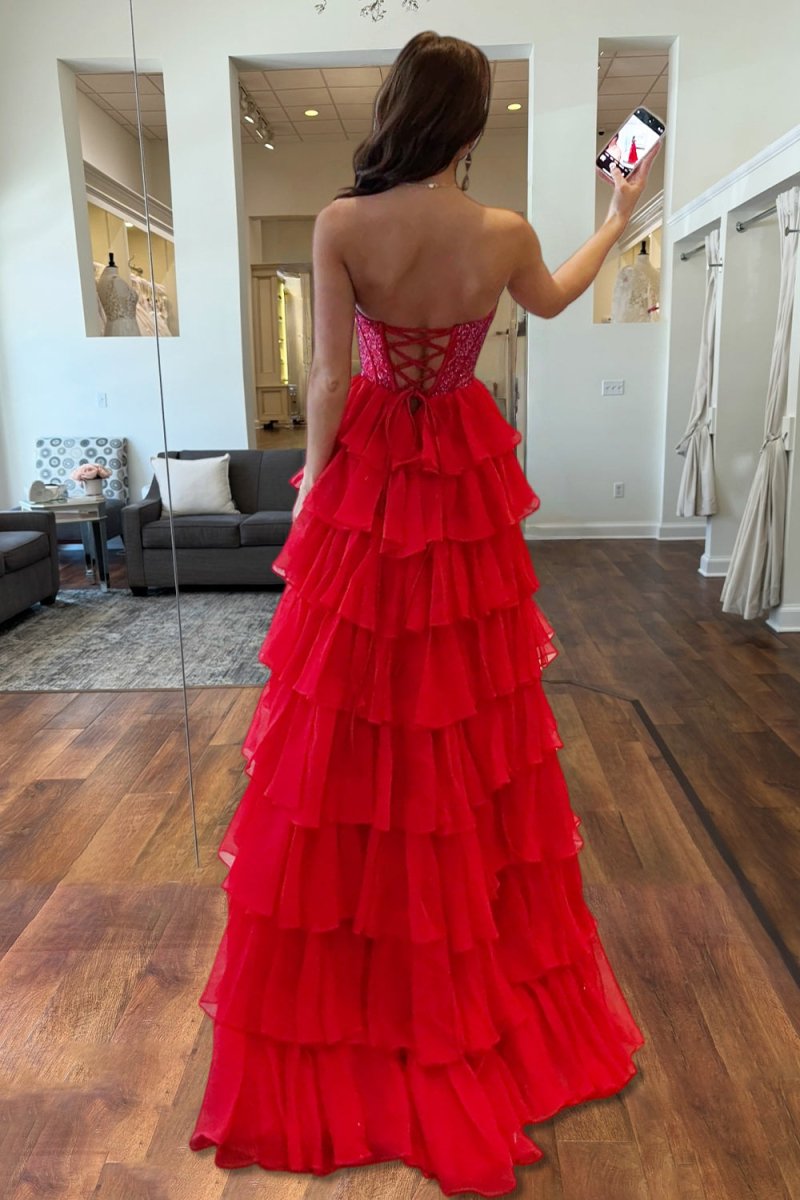 Orange A Line Strapless Chiffon Beaded Corset Long Prom Dress With Slit