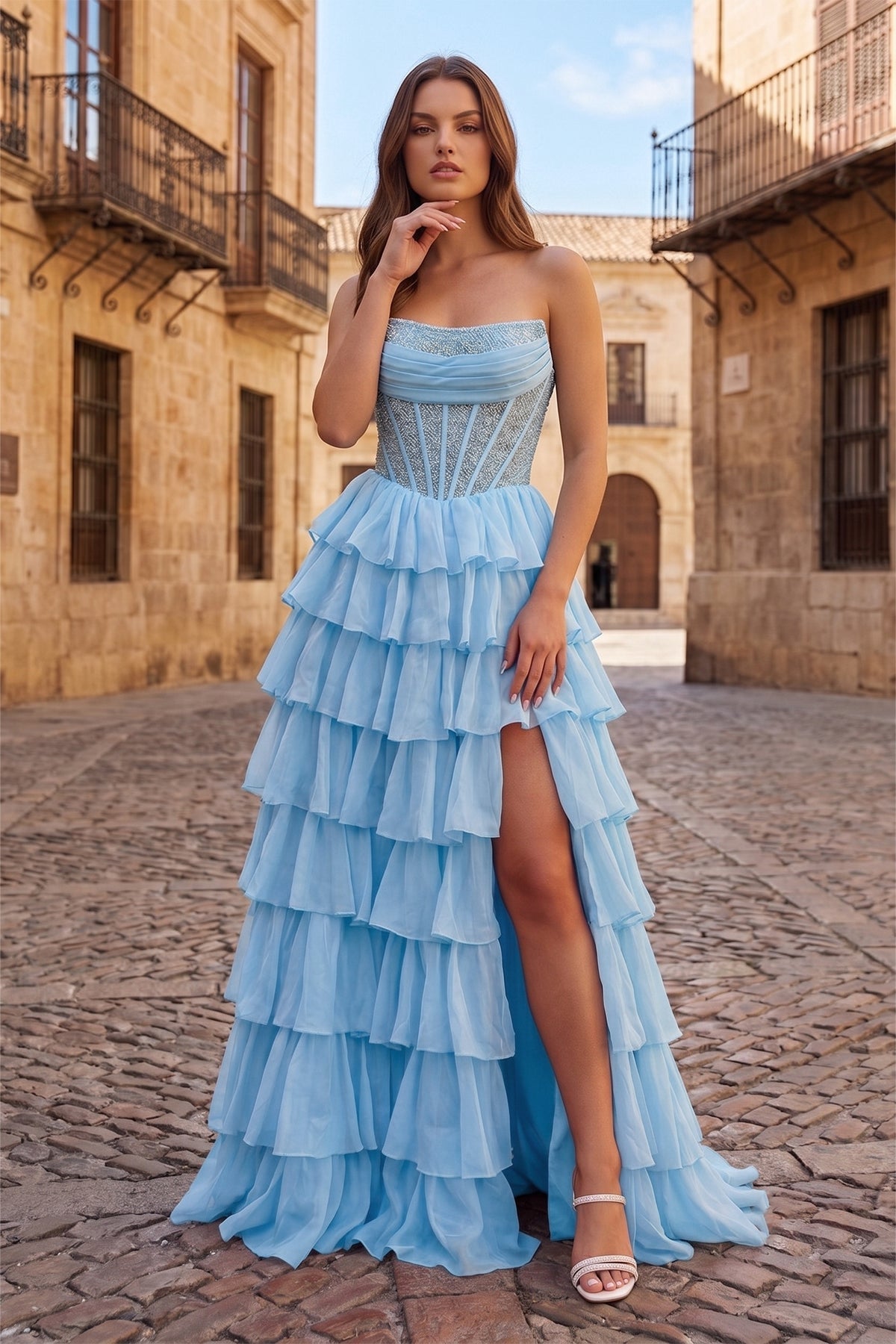 Sky Blue - A Line Strapless Chiffon Beaded Corset Long Prom Dress With Slit