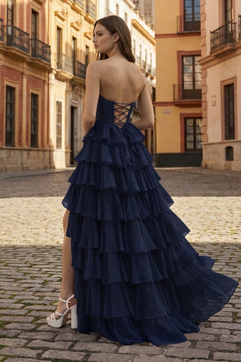 Orange A Line Strapless Chiffon Beaded Corset Long Prom Dress With Slit