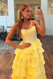 Yellow - A Line Strapless Chiffon Beaded Corset Long Prom Dress With Slit