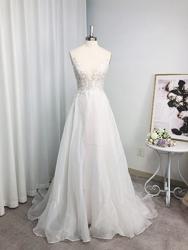 A-Linie/Princess-Linie Spaghettiträger Chiffon Applikationen Ärmellos Sweep/Pinsel zug Brautkleider
