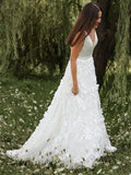 A-Linie/Princess-Linie Ärmellos Organza V-Ausschnitt Applikationen Sweep/Pinsel zug Brautkleider