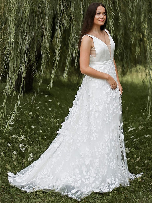 A-Linie/Princess-Linie Ärmellos Organza V-Ausschnitt Applikationen Sweep/Pinsel zug Brautkleider