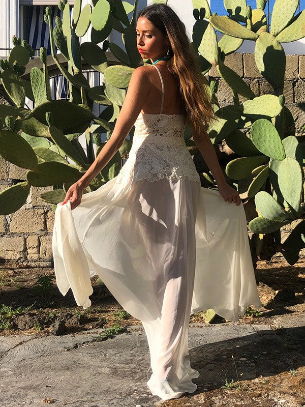 A-Linie/Princess-Linie Chiffon V-Ausschnitt Applikationen Ärmellos Bodenlang Brautkleider