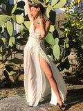 A-Linie/Princess-Linie Chiffon V-Ausschnitt Applikationen Ärmellos Bodenlang Brautkleider