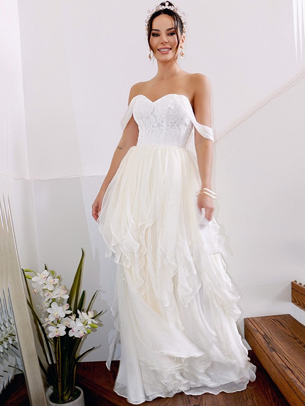 A-Linie/Princess-Linie Ärmellos Schulterfrei Rüschen Chiffon Bodenlang Brautkleider Brautkleider