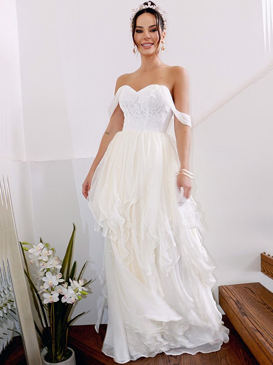 A-Linie/Princess-Linie Ärmellos Schulterfrei Rüschen Chiffon Bodenlang Brautkleider Brautkleider