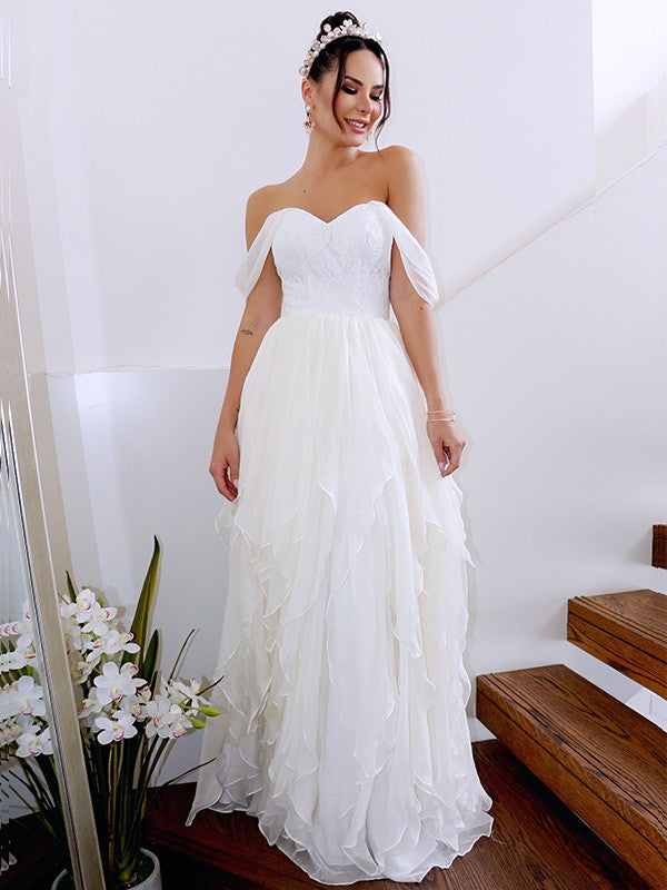 A-Linie/Princess-Linie Ärmellos Schulterfrei Rüschen Chiffon Bodenlang Brautkleider Brautkleider