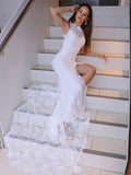 Trumpet/Mermaid Lace Sleeveless Halter Sweep/Brush Train Wedding Dresses Bridal Gowns