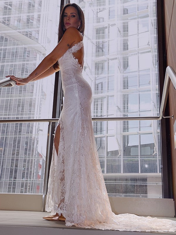 Trumpet/Mermaid Lace Sleeveless Halter Sweep/Brush Train Wedding Dresses Bridal Gowns