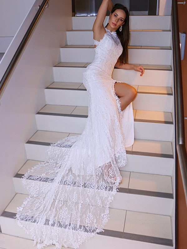 Trumpet/Mermaid Lace Sleeveless Halter Sweep/Brush Train Wedding Dresses Bridal Gowns