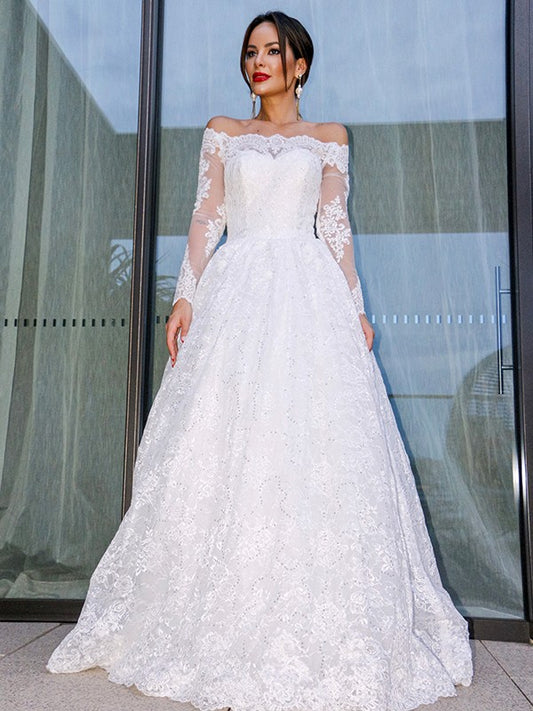 Ballkleid Bateau Lange Ärmel Spitze Bodenlang Brautkleider Brautkleider