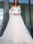 A-Line/Princess Long Sleeves Tulle Applique Off-the-Shoulder Court Train Wedding Dresses Bridal Gowns