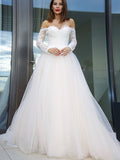 A-Line/Princess Long Sleeves Tulle Applique Off-the-Shoulder Court Train Wedding Dresses Bridal Gowns