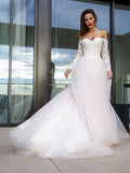 A-Line/Princess Long Sleeves Tulle Applique Off-the-Shoulder Court Train Wedding Dresses Bridal Gowns