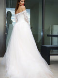 A-Line/Princess Long Sleeves Tulle Applique Off-the-Shoulder Court Train Wedding Dresses Bridal Gowns