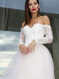A-Line/Princess Long Sleeves Tulle Applique Off-the-Shoulder Court Train Wedding Dresses Bridal Gowns