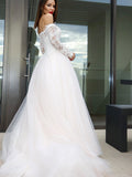 A-Line/Princess Long Sleeves Tulle Applique Off-the-Shoulder Court Train Wedding Dresses Bridal Gowns