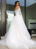 A-Line/Princess Long Sleeves Tulle Applique Off-the-Shoulder Court Train Wedding Dresses Bridal Gowns