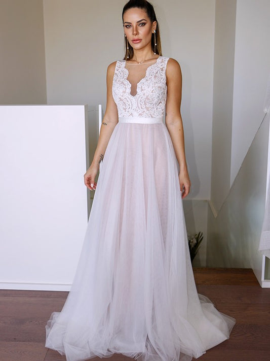 A-Linie/Princess-Linie Tüll Spitze U-Ausschnitt Ärmellos Sweep/Pinsel zug Brautkleider