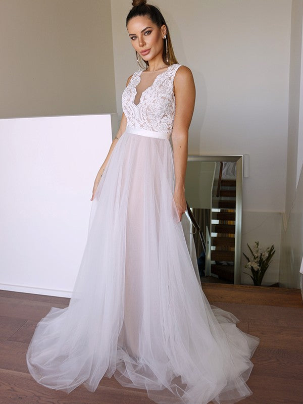 A-Linie/Princess-Linie Tüll Spitze U-Ausschnitt Ärmellos Sweep/Pinsel zug Brautkleider