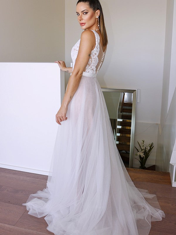 A-Linie/Princess-Linie Tüll Spitze U-Ausschnitt Ärmellos Sweep/Pinsel zug Brautkleider