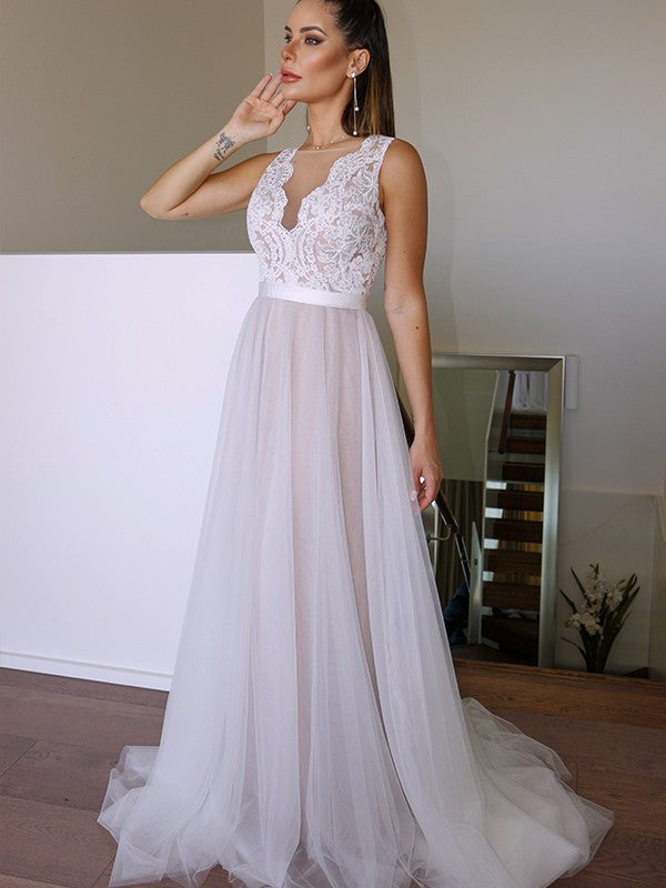 A-Linie/Princess-Linie Tüll Spitze U-Ausschnitt Ärmellos Sweep/Pinsel zug Brautkleider