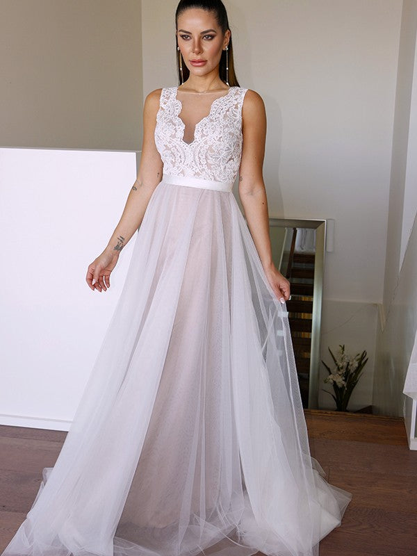 A-Linie/Princess-Linie Tüll Spitze U-Ausschnitt Ärmellos Sweep/Pinsel zug Brautkleider