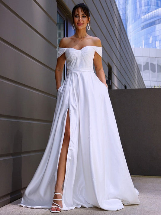 A-Linie/Princess-Linie Satin Rüschen Off-the-Shoulder-Träger Ärmellos Sweep/Pinsel Zug Brautkleider Brautkleider