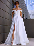 A-Linie/Princess-Linie Satin Rüschen Off-the-Shoulder-Träger Ärmellos Sweep/Pinsel Zug Brautkleider Brautkleider