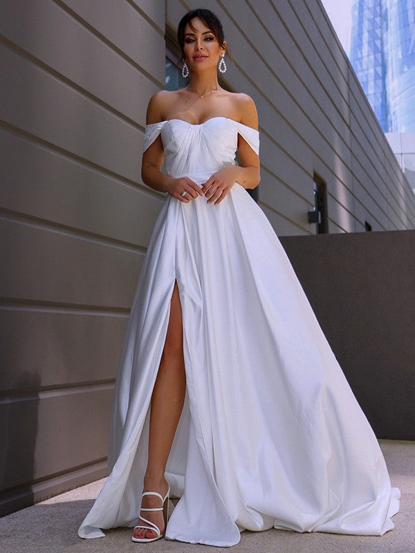 A-Linie/Princess-Linie Satin Rüschen Off-the-Shoulder-Träger Ärmellos Sweep/Pinsel Zug Brautkleider Brautkleider