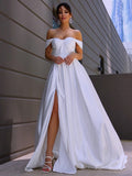 A-Linie/Princess-Linie Satin Rüschen Off-the-Shoulder-Träger Ärmellos Sweep/Pinsel Zug Brautkleider Brautkleider