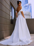 A-Linie/Princess-Linie Satin Rüschen Off-the-Shoulder-Träger Ärmellos Sweep/Pinsel Zug Brautkleider Brautkleider
