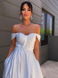 A-Linie/Princess-Linie Satin Rüschen Off-the-Shoulder-Träger Ärmellos Sweep/Pinsel Zug Brautkleider Brautkleider