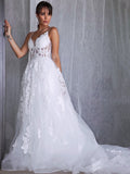 Vestidos de novia de corte A/princesa, de tul, con tirantes finos, sin mangas, apliques y cola.