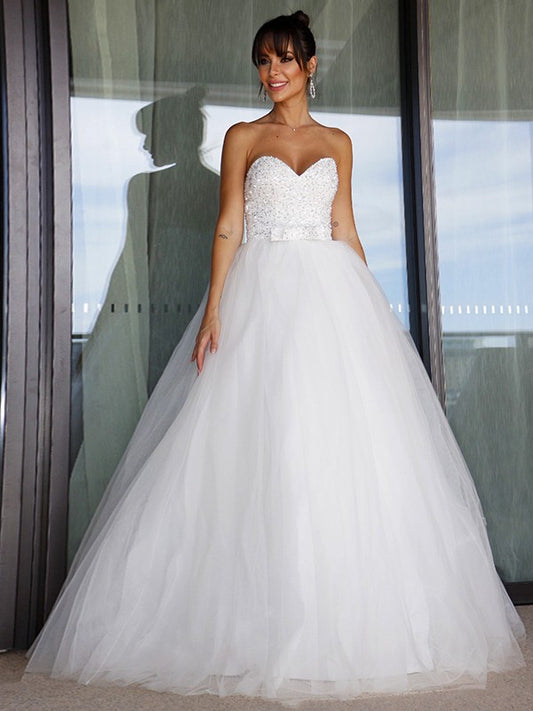 Ballkleid Tüll Schatz Bowknot Ärmellos Bodenlang Brautkleider Brautkleider